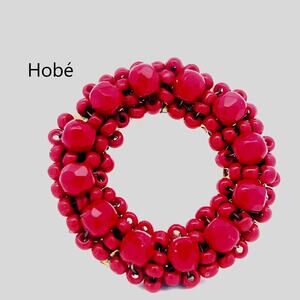 HOBE Cherry Red Wreath Goldtone Brooch Pin